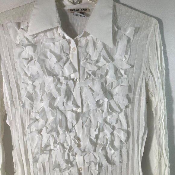 Womens Vintage Notations Crinkle Bow Bead Button Shirt Bell Sleeve M White - Picture 4 of 9